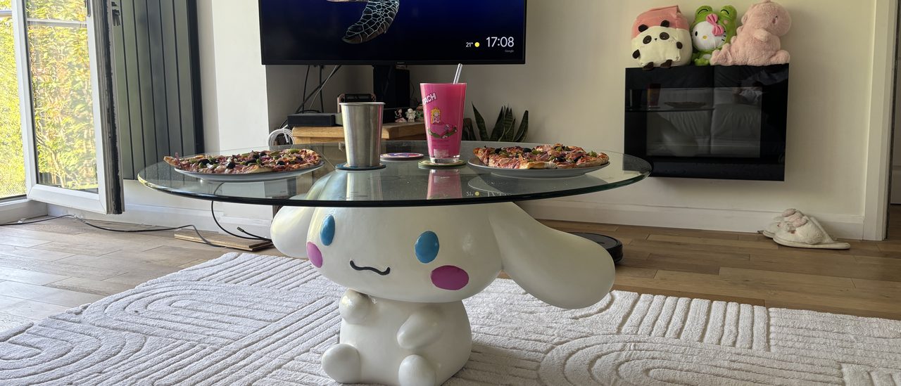 Cinnamoroll coffee table with glass top in a living room